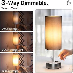 Lampada da Tavolo in Lino Dimmerabile a 3 Livelli con Porte di Ricarica USB A+C, Piccola Lampada da Comodino con Controllo Touch e Presa AC - Product Image 3