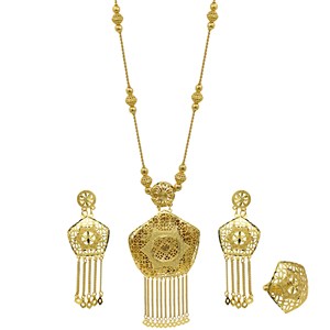 Ensemble de bijoux en or 14K, 18K, 24K style filigrane turc, colliers en maille style Dubaï avec boucles d'oreilles pendantes à pompons pour mariages et occasions festives - Product Image 1