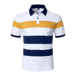 เสื้อโปโลผู้ชายลายทางถัก แขนสั้น ดีไซน์สีตัดต่อ สีขาว กรมท่า เหลือง - Product Image 1