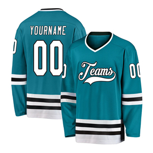 Maillot de hockey sur glace personnalisé pour homme, vert sarcelle, col en V, manches longues, polyester sublimé, design rayé, logo des équipes, respirant - Product Image 1