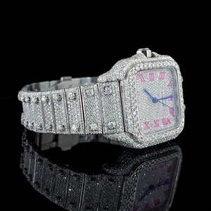 Luxury VVS Moissanite Iced <b>Watch</b> Full Diamond Silver <b>Case</b> Pink Roman Numerals Square Dial Mechanical Limited Edition Hip Hop - Product Image 3