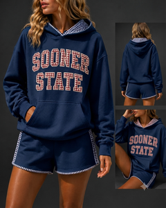 High Quality Oversized Pullover Hoodie and Sweat Shorts Set <b>Blanket</b> <b>Stitch</b> Heavyweight Women Youth Club Wear Hoodie Sets - Product Image 1