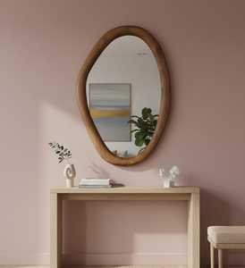Miroir mural moderne en bois massif en forme d'œuf, miroir d'appoint ovale asymétrique avec cadre en bois, décoration esthétique pour salon, pièces de verre - Product Image 6
