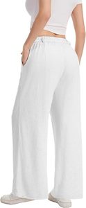 Pantalones anchos de cintura alta blancos para mujer, informales, de largo completo, de color liso, de algodón, de ajuste holgado, con cierre de botón, parte delantera plana, pantalones de verano - Product Image 2