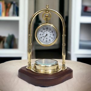 Antique Brass Hanging <b>Table</b> <b>Clock</b> with Wooden Compass Base Silent Vintage Desk <b>Clock</b> Decorative Brass Gift Item - Product Image 4