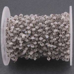 White Moonstone Beads <b>Rosary</b> Chain Roll Handmade Rainbow Moonstone Jewelry Findings Black Rhodium <b>Rosary</b> Chains - Product Image 2