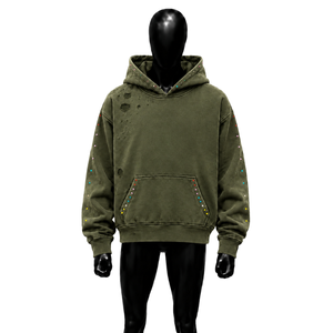 Sweat à capuche premium pour homme, couleur olive, effet vieilli, coupe ample et oversize, en coton épais, style urbain classique, avec poches, respirant - Product Image 1