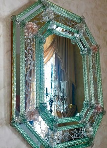 Antique Venetian Mirror in Murano Glass Gold, Mauve Green and Pale Pink - Product Image 1