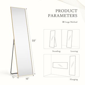 กระจกตกแต่งแบบเต็มตัว ทำมือ ทนทานต่อการแตก ขนาด 59"x16" สีทอง รูปทรงสี่เหลี่ยมผืนผ้า สำหรับตั้งพื้น - Product Image 2