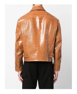 Blouson moto en cuir marron gaufré crocodile pour homme, col rabattu, fermeture éclair, manches classiques, style motard automne, couleur unie - Product Image 2