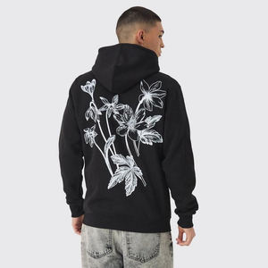 Sweat-shirt à capuche col rond en coton molletonné de qualité supérieure pour hommes, avec broderie chenille noire personnalisée et logo sur mesure. - Product Image 5