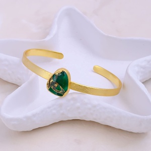 Emerald Mohave Jade Stone Geometric Trendy Oval Open Cuff Bracelet <b>Gold</b> <b>Plated</b> Adjustable Statement Cuff Bezel Setting <b>Bangles</b> - Product Image 1