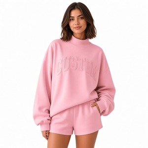 <b>Women's</b> Comfortable Oversized Pullover Elastic Waist Shorts Matching Lounge Set Custom Two <b>Piece</b> Casual Fashion <b>Outfit</b> - Product Image 1