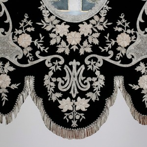 Custom Hand Embroidered Black Velvet Religious Standard Christian Church Processional <b>Banner</b> with Silver Bullion Flowers & Crown - Product Image 6
