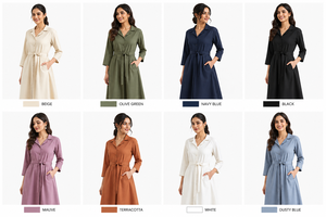 Vestido Camisero de Lino para Mujer, Maxi, Manga Tres Cuartos, Cuello Camisero, Dobladillo Acampanado, Corte Holgado con Cinturón, Estilo Casual para Primavera - Product Image 5