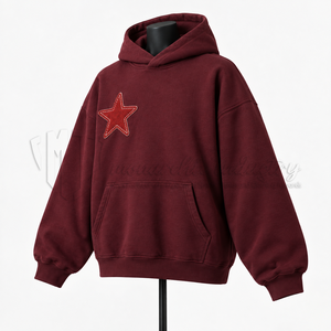 Custom Unisex Oversized Pullover <b>Hoodie</b> <b>Burgundy</b> Fleece Sweatshirt with Star Patch Pocket Streetwear <b>Hoodie</b> for <b>Men</b> - Product Image 3