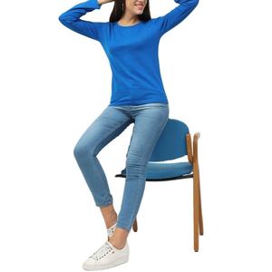 Camiseta de Manga Larga para Mujer, Cuello Redondo, Color Azul Rey, Tejido de Punto, Corte Regular, Informal, para Todas las Temporadas, 100% Algodón, Transpirable, Color Sólido - Product Image 4