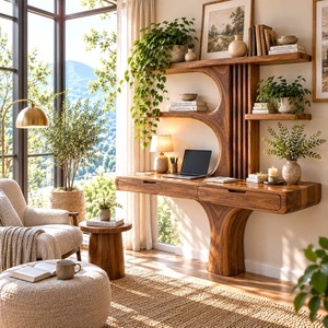 Bureau mural contemporain en bois Luxali avec étagères en forme d'arbre et tiroir pour bureau à domicile - Product Image 3