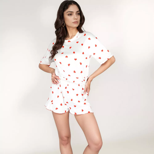 Lounge Women's Valentine Heart Print <b>Satin</b> <b>Pajama</b> Set with <b>Short</b> Sleeve Crew Neck Top and Ruffle Trim Lounge <b>Shorts</b> - Product Image 5