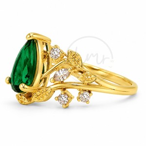 Bague ajustable en laiton plaqué or, forme poire, émeraude et zircon, motif feuille de vigne, inspirée de la nature, pour femme, tendance - Product Image 2