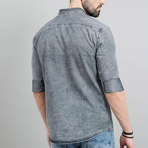 Chemise en jean pour homme, coupe ajustée, manches trois quarts, couleur unie, col rabattu, décontractée, respirante, coton délavé - Product Image 4