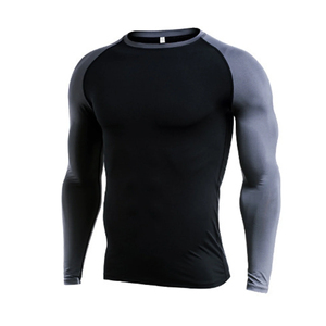 Chemise de compression à manches raglan slim fit pour homme, noir gris, manches longues, séchage rapide, sportive, col rond, tricotée en polyester - Product Image 1