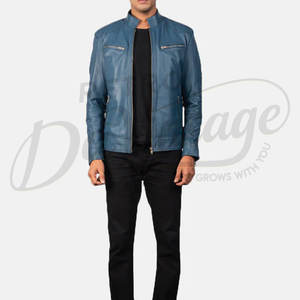 Veste en cuir véritable bleu turquoise pour homme, coupe ajustée, style motard, col montant élégant, manteau d'hiver urbain en cuir véritable - Product Image 4