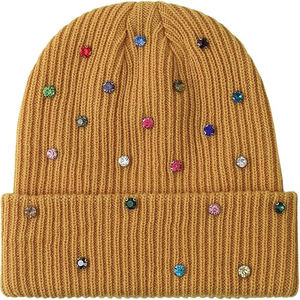 Bonnet d'hiver de luxe pour femme, en tricot côtelé, orné de strass et de cristaux, avec revers, couleur jaune moutarde, chaud et étincelant - Product Image 6