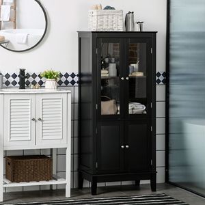 Mobiletto da Bagno Moderno Nero con 2 Vani Portaoggetti, Ante in Vetro Temperato, Ripiani Regolabili, in MDF e Metallo, per Hotel - Product Image 2
