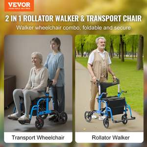 2-in-1 Lightweight Aluminum Mobility <b>Walker</b> <b>Rollator</b> Seniors' Folding Transport Chair Adjustable Handle 300LBS All Terrain - Product Image 2
