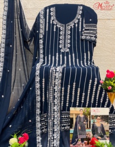 ¡Tendencia Shalwar Kameez con trabajo de brocas de bordado, parte inferior de parche Santoon y Dupatta una pieza étnica llamativa! - Product Image 3