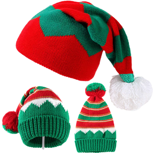 Bonnet tricoté de Noël, rouge et vert, à rayures contrastées, avec pompon, pour adulte unisexe, idéal pour les fêtes d'hiver - Product Image 1