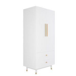Armadio in Legno Triamine Bianco e Oro con Piedini in Rame, 2 Ante, 2 Cassetti, Asta Appendiabiti, in Pannello a Densità Incollata - Product Image 4