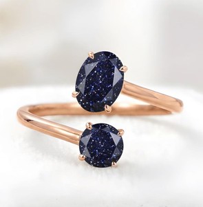 Blue Sandstone Open <b>Adjustable</b> <b>Ring</b> Rose Gold Vermeil Double Gemstone Bypass <b>Ring</b> Women Jewelry Wholesale - Product Image 1