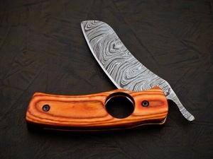 Cuchillo plegable de bolsillo de acero inoxidable hecho a mano con mango de madera de naranjo, punta de gota, grado industrial, juego combinado con varilla de afilar, venta al por mayor - Product Image 3