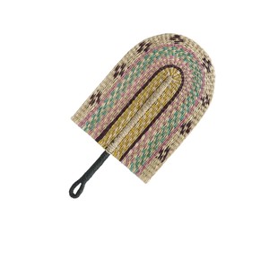 Artisan made striped seagrass <b>fan</b> in teal <b>pink</b> brown and gold traditional decorative cooling piece for living room and wall art - Product Image 3