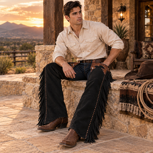 Guêtres complètes en cuir noir style western avec franges |   Chaps d'équitation à motifs floraux pour l'entraînement, la compétition et le quotidien - Product Image 2