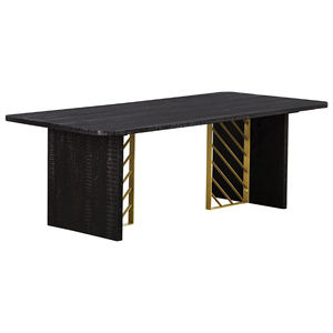 Table basse moderne pour salon, en bois de manguier massif, finition noire foncée avec accents dorés, plateau carré à bords courbes et piètement métallique, très demandée - Product Image 1