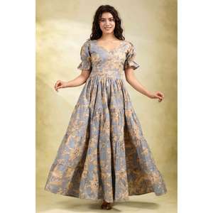 Vestido Largo de Algodón Estampado con Cintura Natural y Mangas Abullonadas Ecológico para Mujer, Elegante Atuendo Floral de Verano - Product Image 1