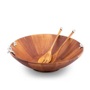 Juego de tazones para ensalada de madera noble con borde curvo personalizado, recipiente para exhibir frutas con borde ondulado y utensilios para servir. - Product Image 6