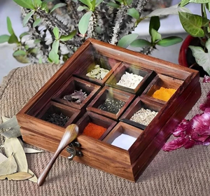 Boîte à épices en bois artisanale avec 9 compartiments et cuillère, organiseur de rangement pour épices de cuisine, boîte à masala en bois - Product Image 6