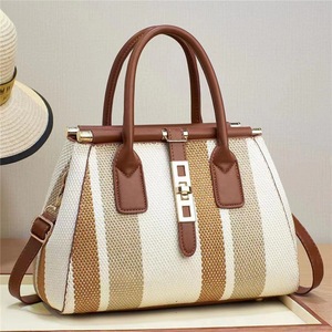 Striped Canvas Boston Bag with Zipper Closure Leather Trim Removable <b>Strap</b> Fashion Waterproof for Women - Product Image 1