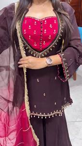 Ensemble de kurta brodé marron et rose avec dupatta, tenue ethnique traditionnelle longue pour femmes - Product Image 5