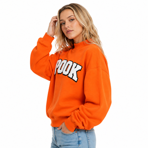 Orange Custom Womens Oversized Mock Neck Sweatshirt Chenille Embroidered Fleece Loose Fit OEM ODM Greek Letter Sweatshirt - Product Image 2