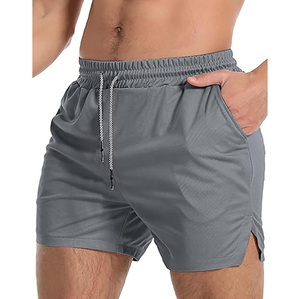 Shorts de sport pour homme gris à séchage rapide avec cordon de serrage, couleur unie, taille mi-haute, décontractés, en polyester tricoté - Product Image 3