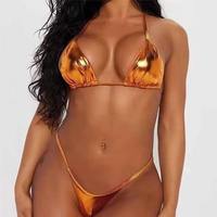 Setelan Bikini 2 Potong Berkilau Metalik Cairan Emas untuk Wanita