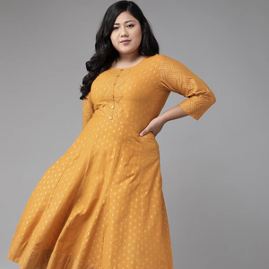Robe de soirée formelle en coton doux à manches trois quarts et col en dentelle florale moutarde pour femme grande taille – Vente en gros - Product Image 1