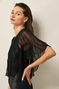 Women's Pearl Embellished Sheer Cape <b>Shrug</b> Elegant <b>Black</b> Beaded Overlay for Party & Occasion Wear - Product Image 3