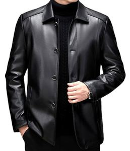 Veste en cuir PU noir de haute qualité pour homme, col rabattu, fermeture à boutons simple, vêtement décontracté pour l'automne - Product Image 1