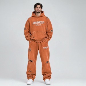 Conjunto de Sudadera con Capucha y Pantalones Deportivos con Estampado Digital de Diamantes de Imitación Personalizados, Estilo Vintage, Lavado Ácido, para Hombre, Color Naranja - Product Image 1